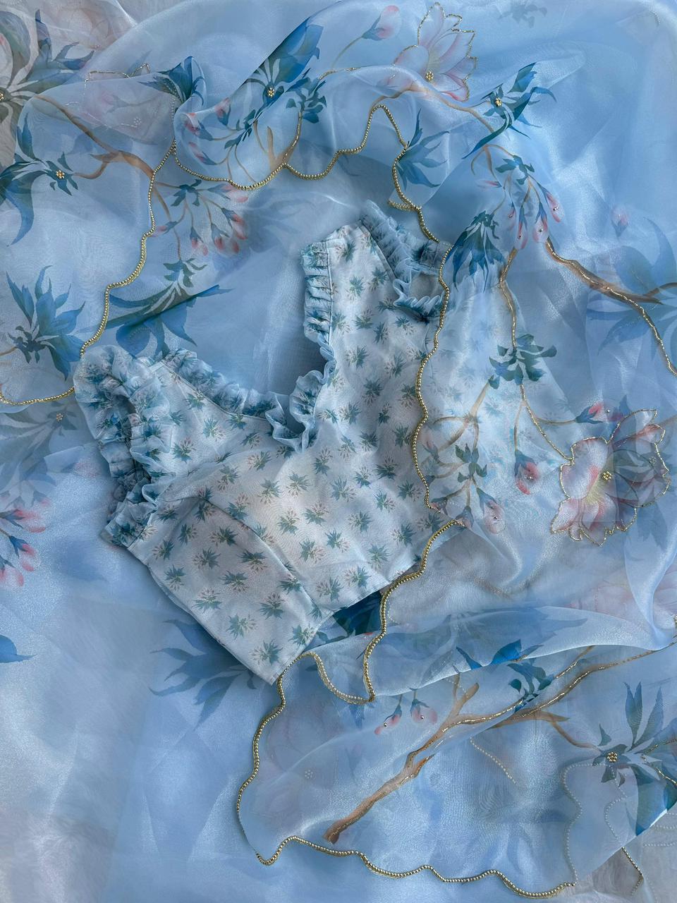 BEAUTIFUL SOFT ORGANZA DIGITAL PRINT SAREE WITH FULL HANDWORK