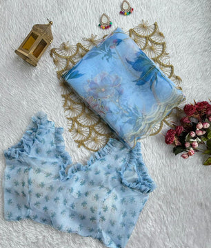 BEAUTIFUL SOFT ORGANZA DIGITAL PRINT SAREE WITH FULL HANDWORK