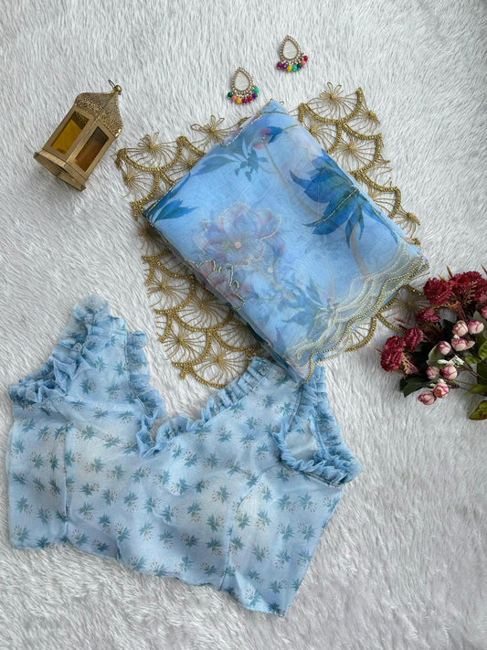 BEAUTIFUL SOFT ORGANZA DIGITAL PRINT SAREE WITH FULL HANDWORK