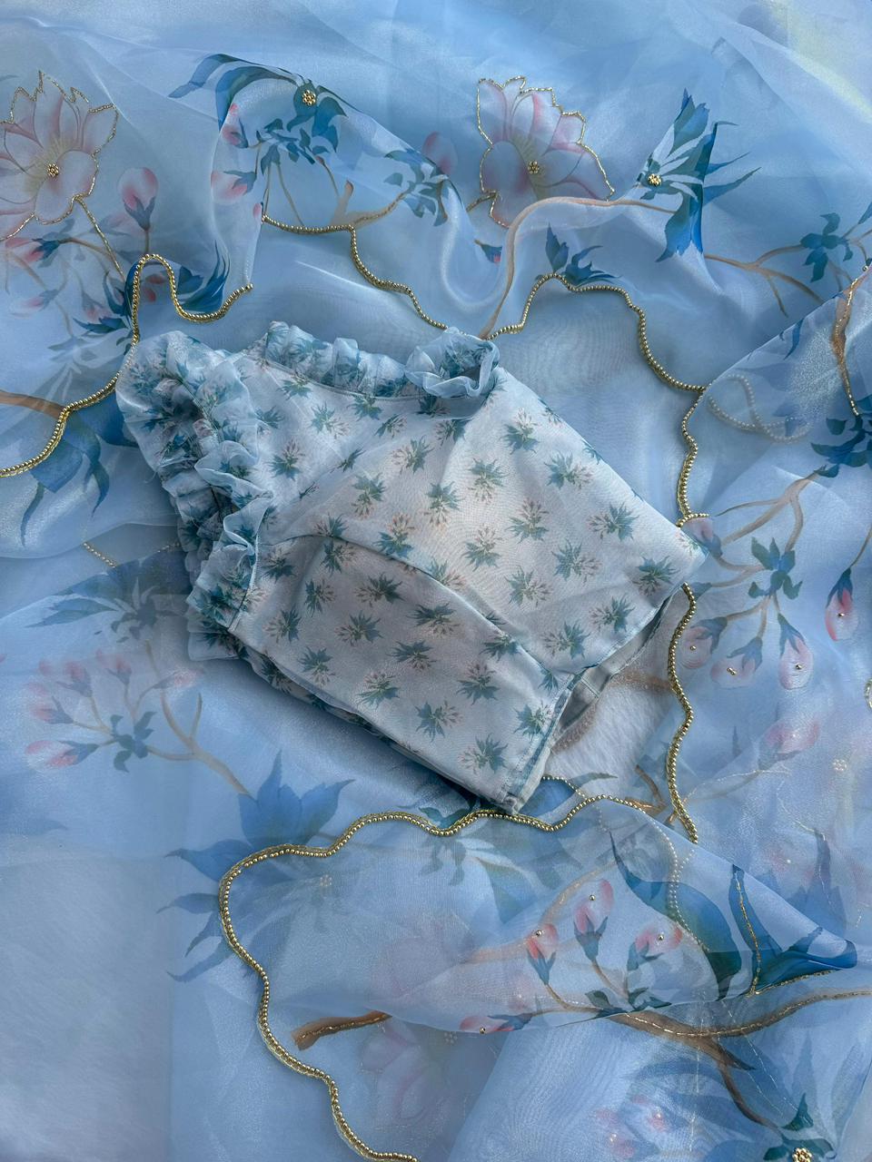 BEAUTIFUL SOFT ORGANZA DIGITAL PRINT SAREE WITH FULL HANDWORK