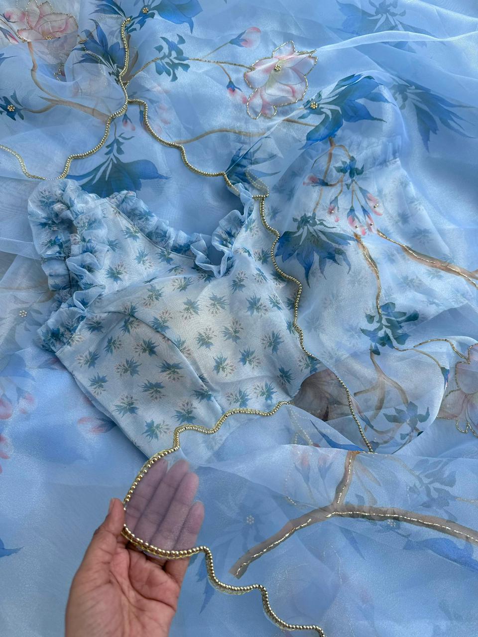 BEAUTIFUL SOFT ORGANZA DIGITAL PRINT SAREE WITH FULL HANDWORK