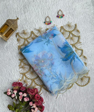 BEAUTIFUL SOFT ORGANZA DIGITAL PRINT SAREE WITH FULL HANDWORK