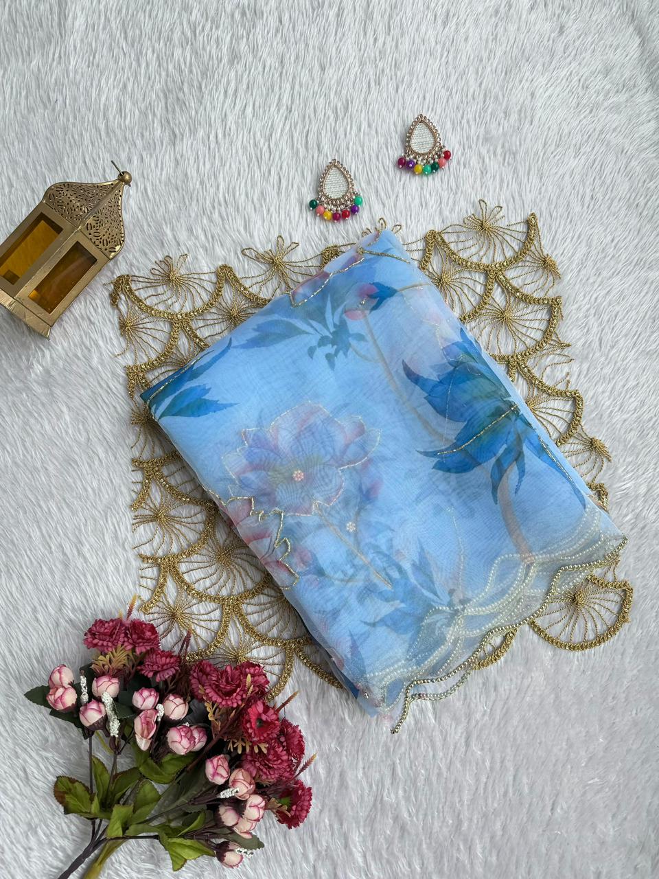 BEAUTIFUL SOFT ORGANZA DIGITAL PRINT SAREE WITH FULL HANDWORK