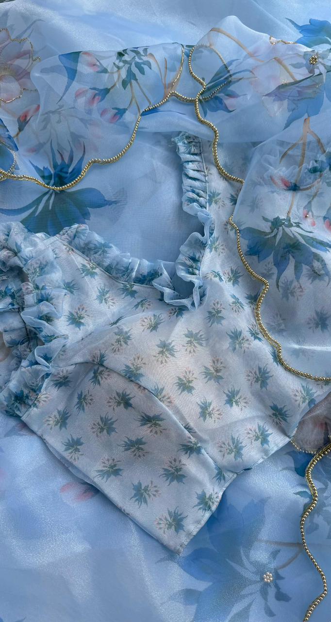 BEAUTIFUL SOFT ORGANZA DIGITAL PRINT SAREE WITH FULL HANDWORK