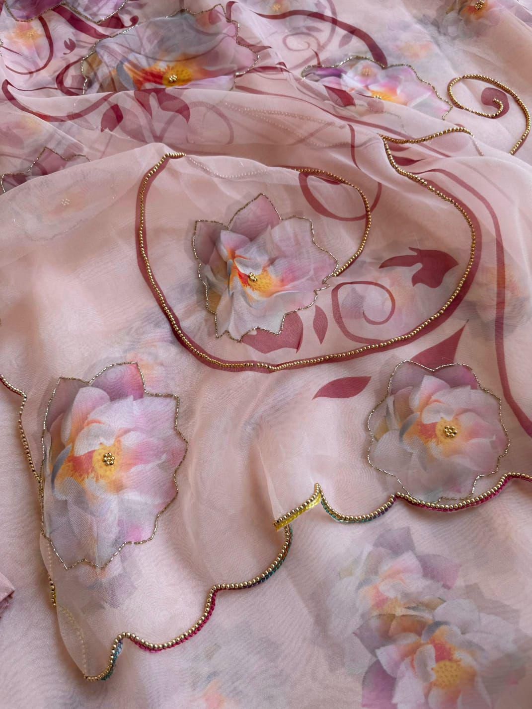 BEAUTIFUL SOFT ORGANZA DIGITAL PRINT SAREE WITH FULL HANDWORK