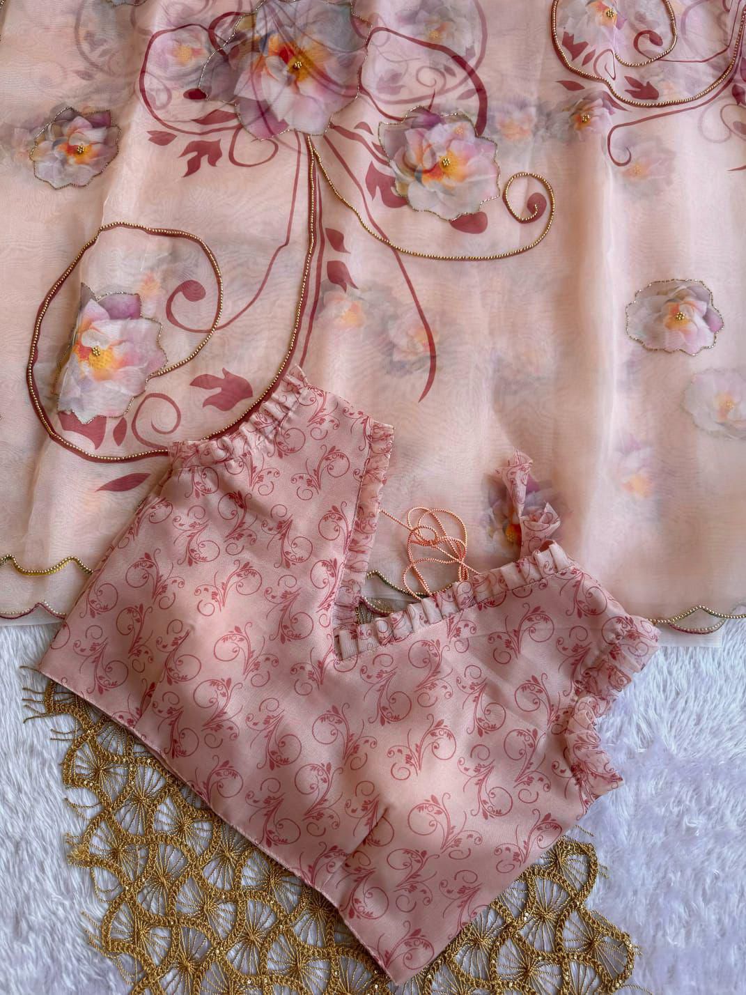 BEAUTIFUL SOFT ORGANZA DIGITAL PRINT SAREE WITH FULL HANDWORK