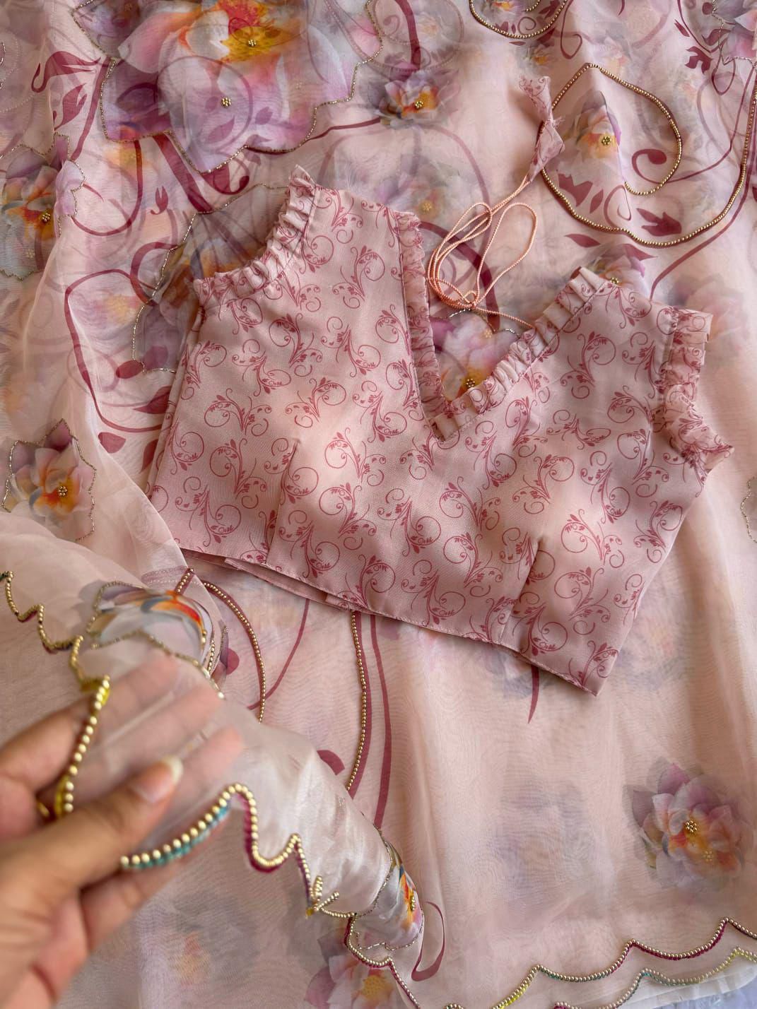 BEAUTIFUL SOFT ORGANZA DIGITAL PRINT SAREE WITH FULL HANDWORK