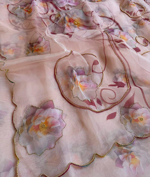 BEAUTIFUL SOFT ORGANZA DIGITAL PRINT SAREE WITH FULL HANDWORK