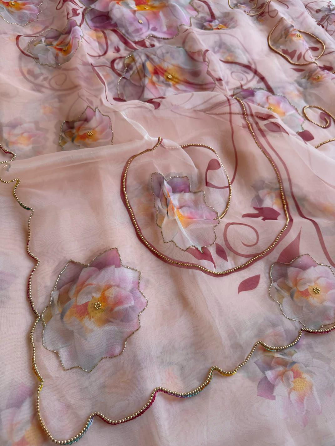 BEAUTIFUL SOFT ORGANZA DIGITAL PRINT SAREE WITH FULL HANDWORK