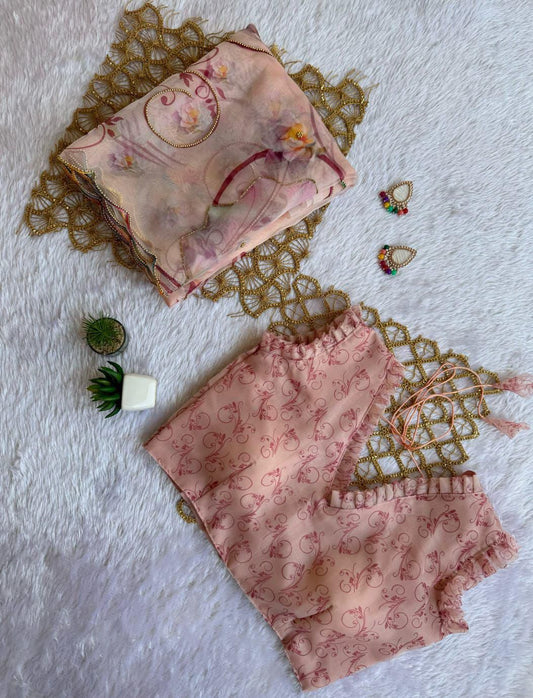 BEAUTIFUL SOFT ORGANZA DIGITAL PRINT SAREE WITH FULL HANDWORK