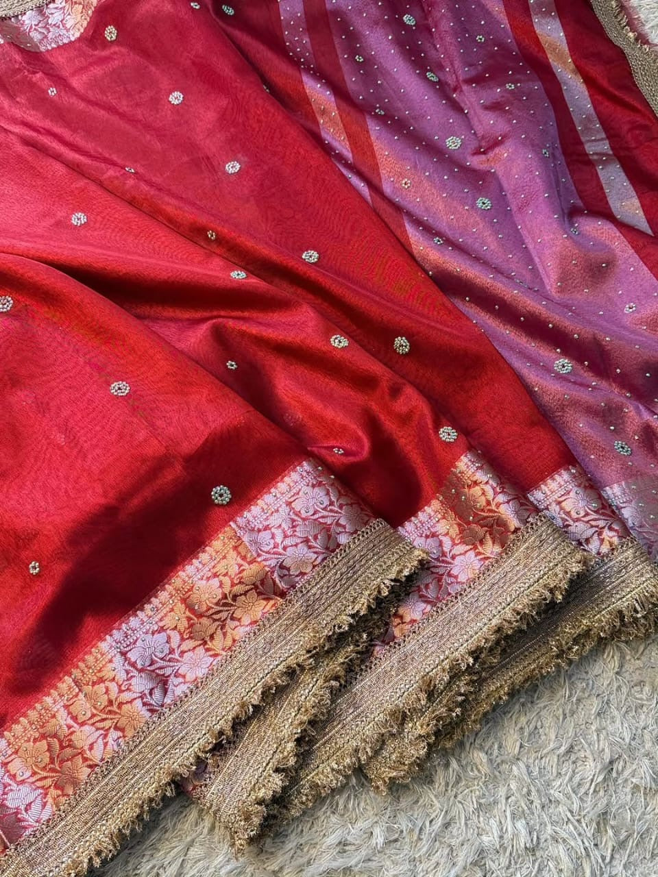 Banarasi soft glass tissue silk saree with siroksi stone work