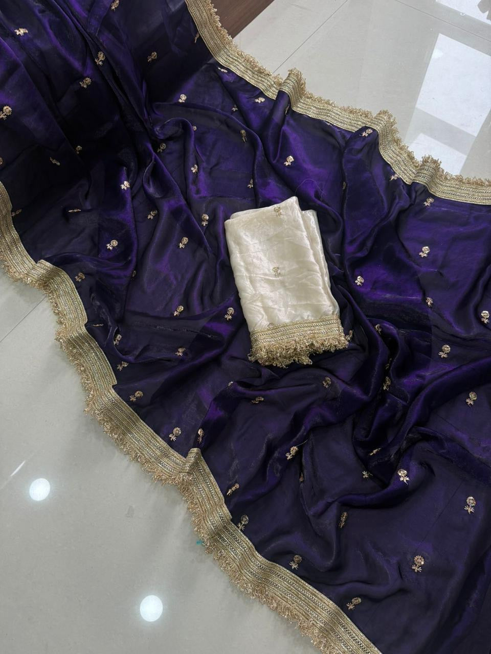 Space Silk Saree Multi Sequence Full Worked With Contrast Blouse&nbsp;