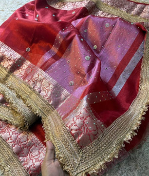 Banarasi soft glass tissue silk saree with siroksi stone work
