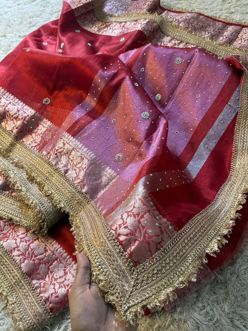 Banarasi soft glass tissue silk saree with siroksi stone work