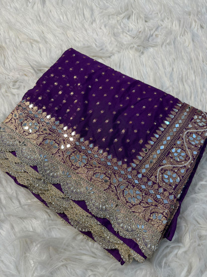 Most Demanded Handwork Banarasi Semi khaddi Katan Georgette Soft Silk Saree With lace &amp; &nbsp;Mirror moti work