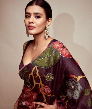 Black Satin Hand Embroidery Bead Kalamkari printed Saree With &nbsp;blouse