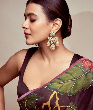 Black Satin Hand Embroidery Bead Kalamkari printed Saree With &nbsp;blouse