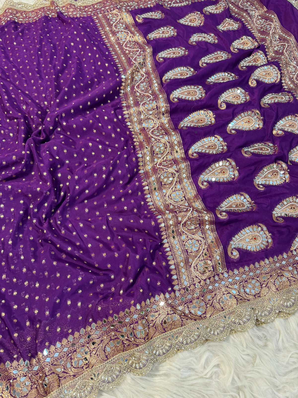 Most Demanded Handwork Banarasi Semi khaddi Katan Georgette Soft Silk Saree With lace &amp; &nbsp;Mirror moti work
