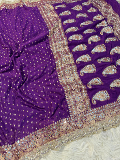 Most Demanded Handwork Banarasi Semi khaddi Katan Georgette Soft Silk Saree With lace &amp; &nbsp;Mirror moti work