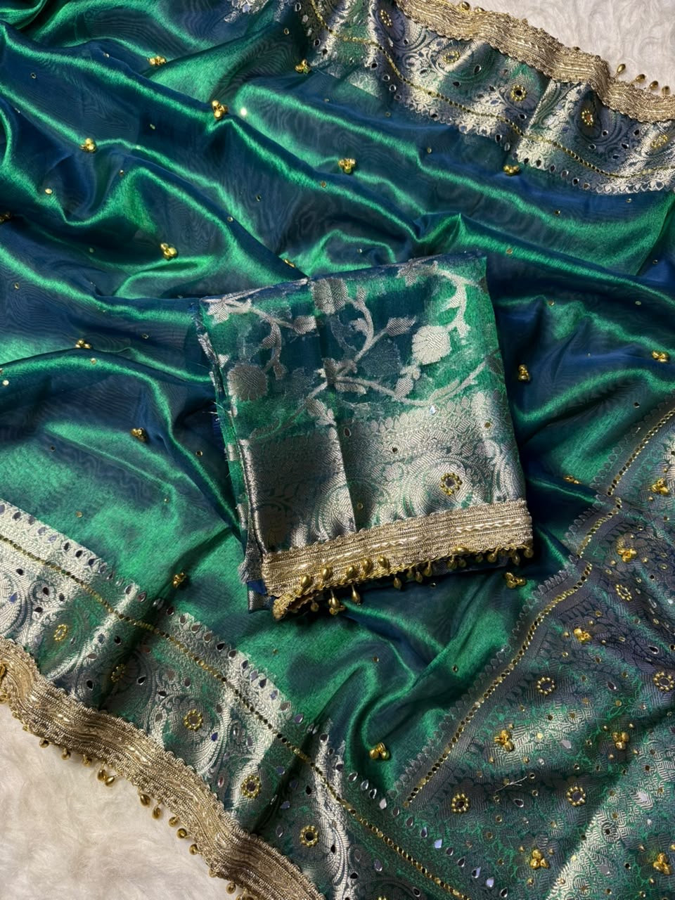 Tissue ghungroo saree with mirror work
