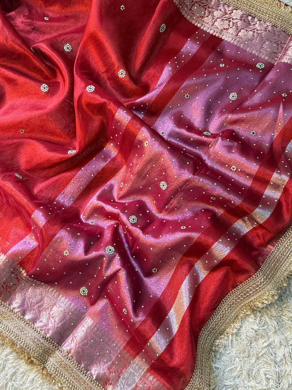 Banarasi soft glass tissue silk saree with siroksi stone work