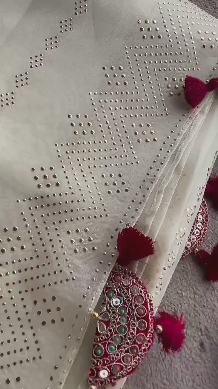 Tabby Organza Silk Saree With Embroidery ReadyMade Blouse Design Launch