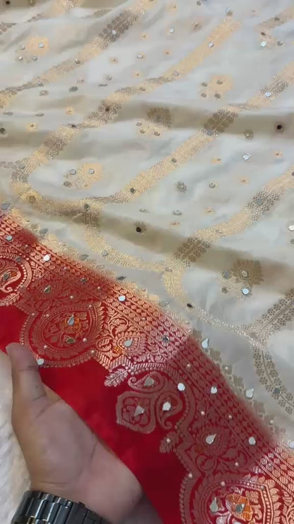 Most Demanded Handwork Banarasi Semi khaddi Katan Georgette Soft Silk Saree With Mirror & moti Handwork
Designer Rich Pallu