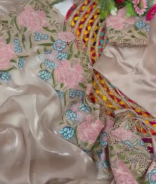 Pure Jimmicho Organza Tissue Fabric With Multi colour threads Embroidery & cutwork borders*